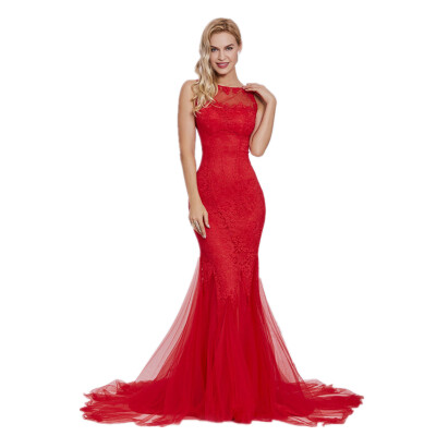 

CAZDZY Scoop Neck Backless Lace Mermaid Evening Dress Red