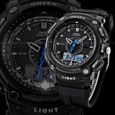 

OHSEN Black Waterproof Digital LCD Day Alarm Mens Military Sport Rubber Watch