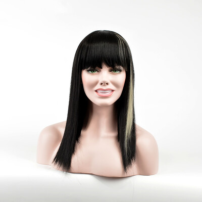 

QianBaiHui Women Girls Long Straight Black Synthetic Fiber wig with white highlight Wig Ghost Wig For Halloween Cosplay Costume