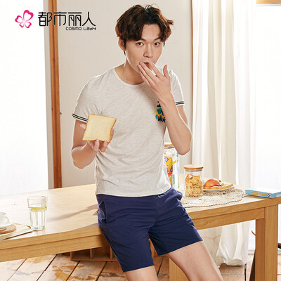 

Urban front still mens pajamas cotton short-sleeved shorts fresh Korean version of the home service suit FH7001 light gray strip