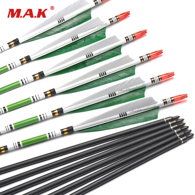 

6 pcs 80cm Spine 500 Carbon Arrows OD76mm ID62mm with 2 Green&1 White Turkey Feather for Hunting Shooting Archery