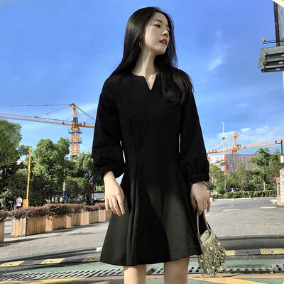 

Long Yue womens new Korean version of the V-neck small black skirt puff sleeves Slim dress temperament A word skirt LWQZ181302 black L
