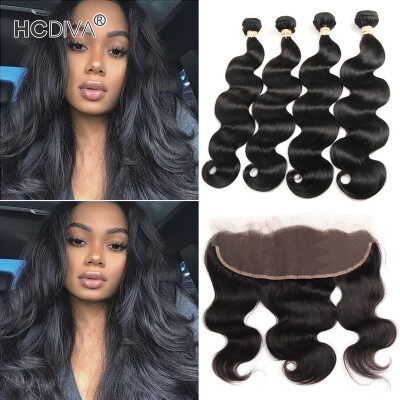 

HCDIVA Indian Virgin Hair Body Wave 4 Bundle with Pre Plucked Lace Frontal with Baby Hair Natural Black For Black Women Wholesale