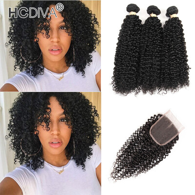 

HCDIVA India Virgin Hair Kinky Curly 3 bundle with Lace Closure Swiss Lace 100 Unprocessed India Virgin Human Bundle with Closure
