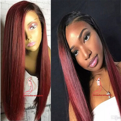 

Brazilian Silky Straight Lace Front Wig Remy Hair Ombre 1B/99j burgundy Human Hair Wig With Baby Hair and Hairline