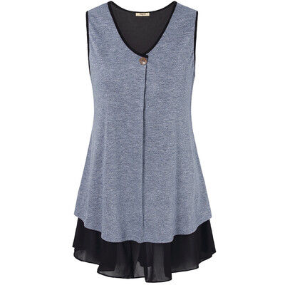 

Timeson Summer Style Sleeveless Women Long Tunic Tops V-Neck Patchwork Chiffon Curved Hem T-shirt Knitted Women T-shirt Top