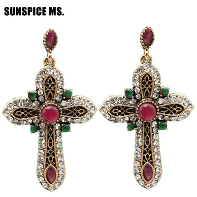 

Elegent Vintage Turkish Women Cross Long Dangle Earrings Antique Gold Color Resin Rhinestone Multicolor Ethnic Religion Jewelry