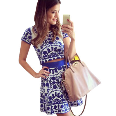 

Lovaru ™summer style 2015 new women dress Blue graphic printing two pieces party dress fashion casual style