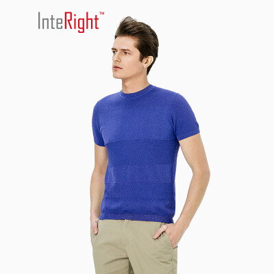 

INTERIGHT Round Collar Dark Jacquard Mens Business T-Shirt Navy Blue