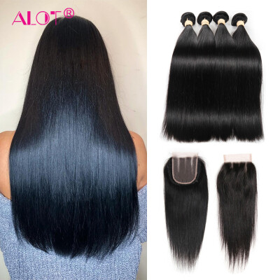 

Alot Remy Hair Extension India Straight Hair with Closure 4 Bundles with 1 Lace Closure Hair Straight Weave