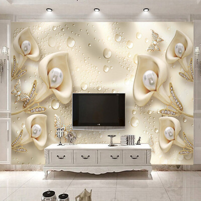 

Custom 3D Mural Wallpaper European Style Calla Lily Butterfly Water Drop Silk Wallpaper Hotel Living Room TV Backdrop Home Decor