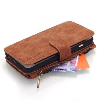 

For iPhone 7 Plus Case, AICase Classic Multifunction Premium Zipper Wallet Flip w/ Detachable Magnetic Removable Phone Slot Brown