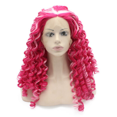 

Long Rose Red Pink Two Tone Curly Swiss Lace Front Wig Synthetic