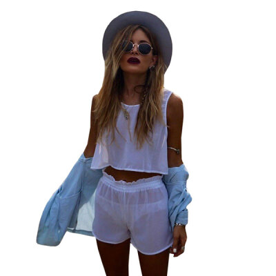 

Lovaru ™Summer Sheer White Chiffon Suit Shirt and Shorts Two Piece Including Shorts and Loose Crop