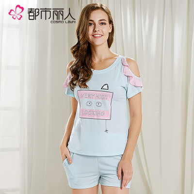 

Urban beauty ladies pajamas cotton short-sleeved shorts suit comfortable round neck cute cartoon strapless home service underwear 2H7211 light blue L