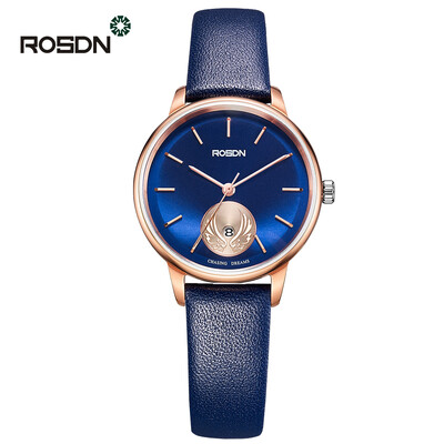 

Luxury Brand ROSDN Quartz Watches women Elegant Rose Gold Watch with Simple Dial Calfskin Leather Strap Watches for Women