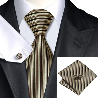 

N-0529 Vogue Men Silk Tie Set khaki Stripe Necktie Handkerchief Cufflinks Set Ties For Men Formal Wedding Business wholesale