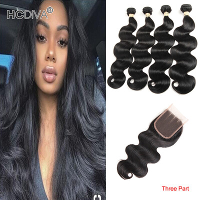 

HCDIVA Indian Body Wave 4 Bundles with Lace Closure 44 inch Raw Unprocessed Virgin India Closure with Body Wavy Bundle Hair Weft