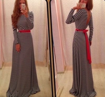 

Lovaru ™Fashion new arrival 2015 long sexy dress stripe printed O neck with belt sexy party dresses