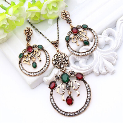 

Vintage Turkish Jewelry Round Design Sculpture Craft Jewelry Sets Necklace & Earrings Crystal Anti Gold Women Ethnic Dress Sets