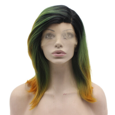 

Shoulder Length Straight Ombre Green Orange Three Tone Lace Front Wig