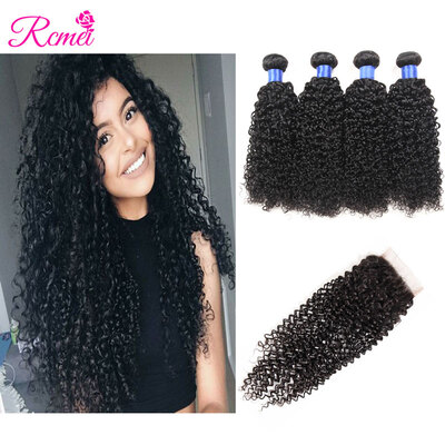 

Rcmei Hair 8A Top Grade Kinky Curly Brazilian Hair 4 Bundles With 4x4 Closure Virgin Human Hair Extension Bundles