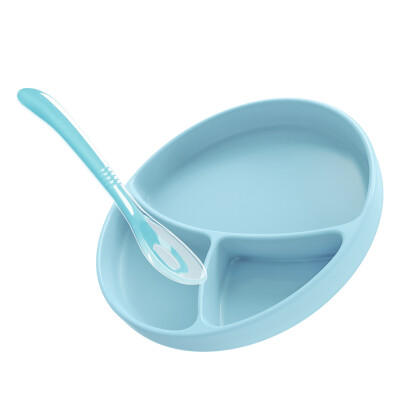 

Ayin childrens tableware baby compartment plate silicone sucker bowl spoon set baby food supplement bowl 2 piece set blue