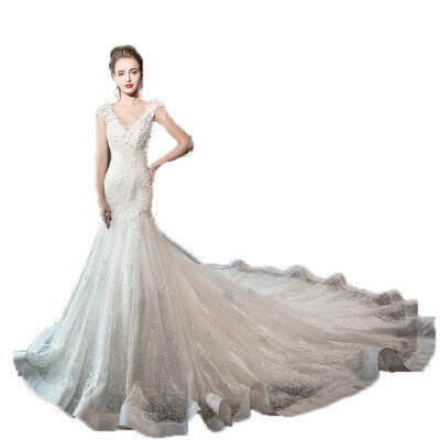 

White Short Sleeves V Neck Sweep Train Mermaid Fishtail Wedding Dress