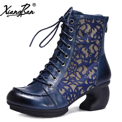

Xiangban Full Grain leather female short boots strange heels lace up boots High quality autumn winter shoes
