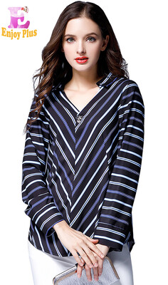 

L XL XXL 3XL 4XL 5XL plus size office autumn 2017 blouse women long sleeve big size blue striped tops v neck loose elegant lady