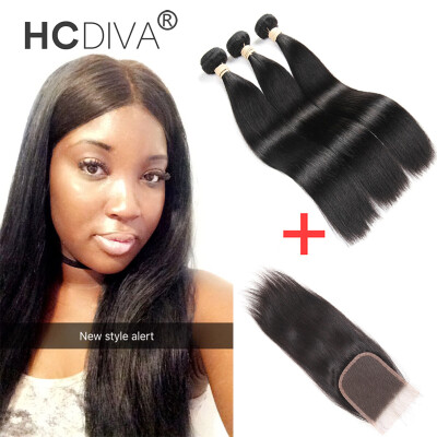 

HCDIVA Mongolian Virgin Human Hair Straight Bundles with Lace Closure 44 inch Baby Hair Mongolian 3 Bundle a Hair&Closure