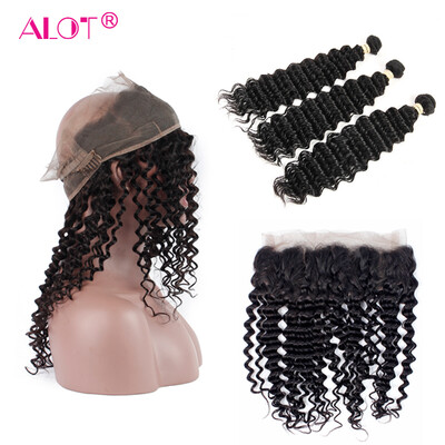 

Alot Peruvian Virgin Hair Deep Wave 3 Bundles with Frontal Closure 7A Grade Unprocessed Human Hair Weave With 360 Frontal