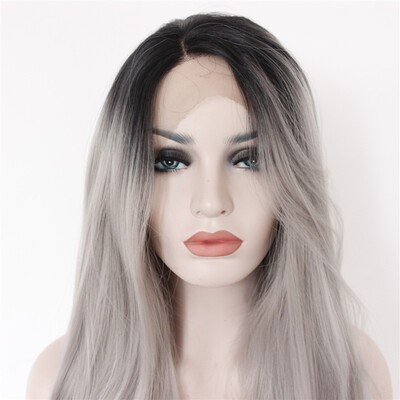 

QianBaiHui Ombre Gray 2 Tones Synthetic Lace Front Wig Dark Roots Long Natural Straight Silver Grey Heat Resistant Wigs for Women