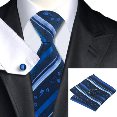 

N-0865 Vogue Men Silk Tie Set Blue Stripe Necktie Handkerchief Cufflinks Set Ties For Men Formal Wedding Business wholesale