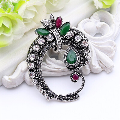 

Vintage Women Antique Silver Color Brooch Pins Turkish Resin Rhinestone Jewelry Pin Flower Gypsy Ethnic Brooches Broches Gift