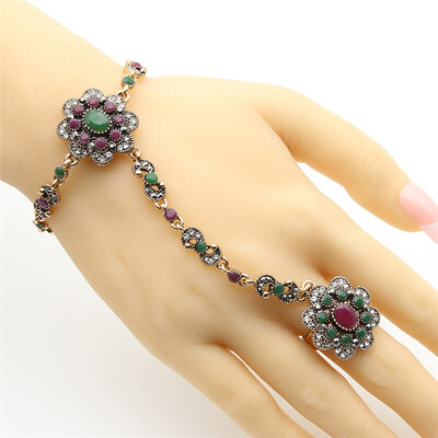 

Великолепный Rhinestone ювелирные изделия Турция женщин браслет кольцо Установить Смола Цветок Ретро Золотой цвет Этнические бижут