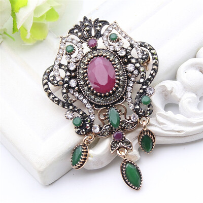 

New Turkish Resin Brooch Pins Flower Jewelry For Women Hijab Pins Antique Gold Color Rhinestone Drop Pendant Brooches Broches