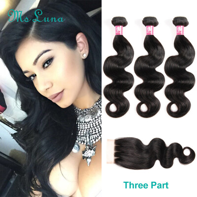 

Ms Luna Hair Brazilian Virgin Hair Body Weave 3 Bundles With 4x4" Free3 Part Lace Closure 4 Pcs Hair Natural Color