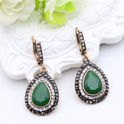

Vintage Big Artificial Gem Ladies Drop Earring Turkish Retro Gold Color Crystal Sculpture Craft Women Earrings Ethnic Jewelry