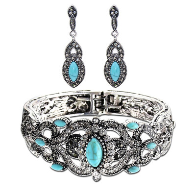 

Ethnic Turkish Women Green Stone Earrings Bangle Cuff Jewelry Sets Antique Silver Color Hollow Flower Drop Earring Bracelet Sets