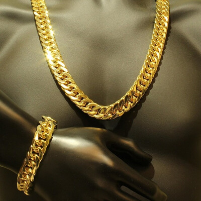 

Mens Jewelry Set Thick Tight Link 18K Yellow Gold Filled Finish Miami Cuban Chain Necklace&Bracelet Sets