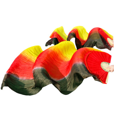 

1 Pair Dance Fans Bamboo Ribs Natural Silk Stage Performance Props Dye Fans Belly Dance Silk Fans BlackRedYellow Stripe