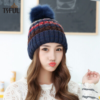 

Tsful hat female winter new fashion color matching warm earmuffs knitted wool hat TS005MZF mixed weaving