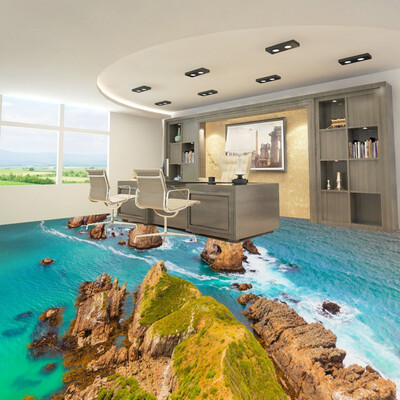 

Free Shipping Ocean island stone spray 3d living room bathroom floor non-slip self-adhesive bedroom flooring mural 250cmx200cm
