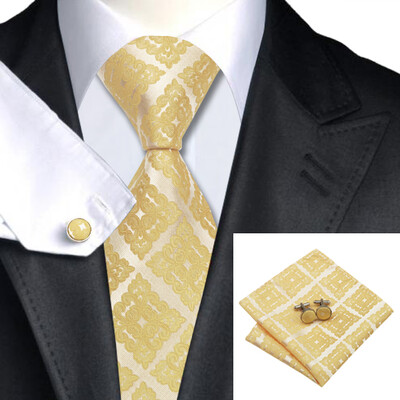 

N-1036 Vogue Men Silk Tie Set Yellow Novelty Necktie Handkerchief Cufflinks Set Ties For Men Formal Wedding Business wholesale
