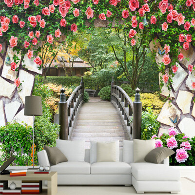 

3D Wall Mural Garden Flowers Wall Wooden Bridge Landscape Photo Wallpaper Customized Bedroom TV Backdrop Wall Paper For Walls 3D