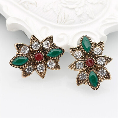

SUNSPICE MS Fashion Women Stud Earrings Ethnic Resin Bridal Jewelry Flower Crystal Earring Antique Gold Color Indian Bijoux Gift