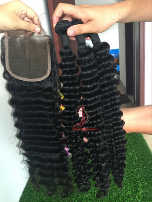 

Глубокая волна Curly 3Bundles с кружевным закрытием Необработанное бразильское глубокое волновое человеческое наращивание волос с кружевным закрытием