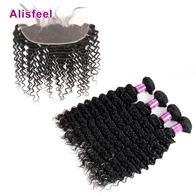 

Malaysian Deep Curly With Lace Closure Deep Wave With Closure Human Hair 4 Bundles Malaysian Virgin Hair with Closure