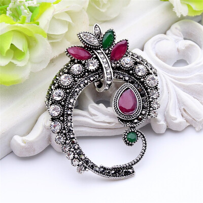 

Vintage Women Antique Silver Color Brooch Pins Turkish Resin Rhinestone Jewelry Pin Flower Gypsy Ethnic Brooches Broches Gift